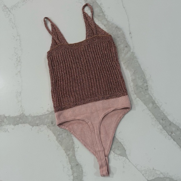 Intimately Free People Gold Coast Metallic Knit Bodysuit Womens XS Rose Gold - Picture 10 of 13